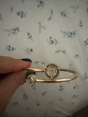 Guess Gold-Tone Crystal Logo Open Cuff Bracelet